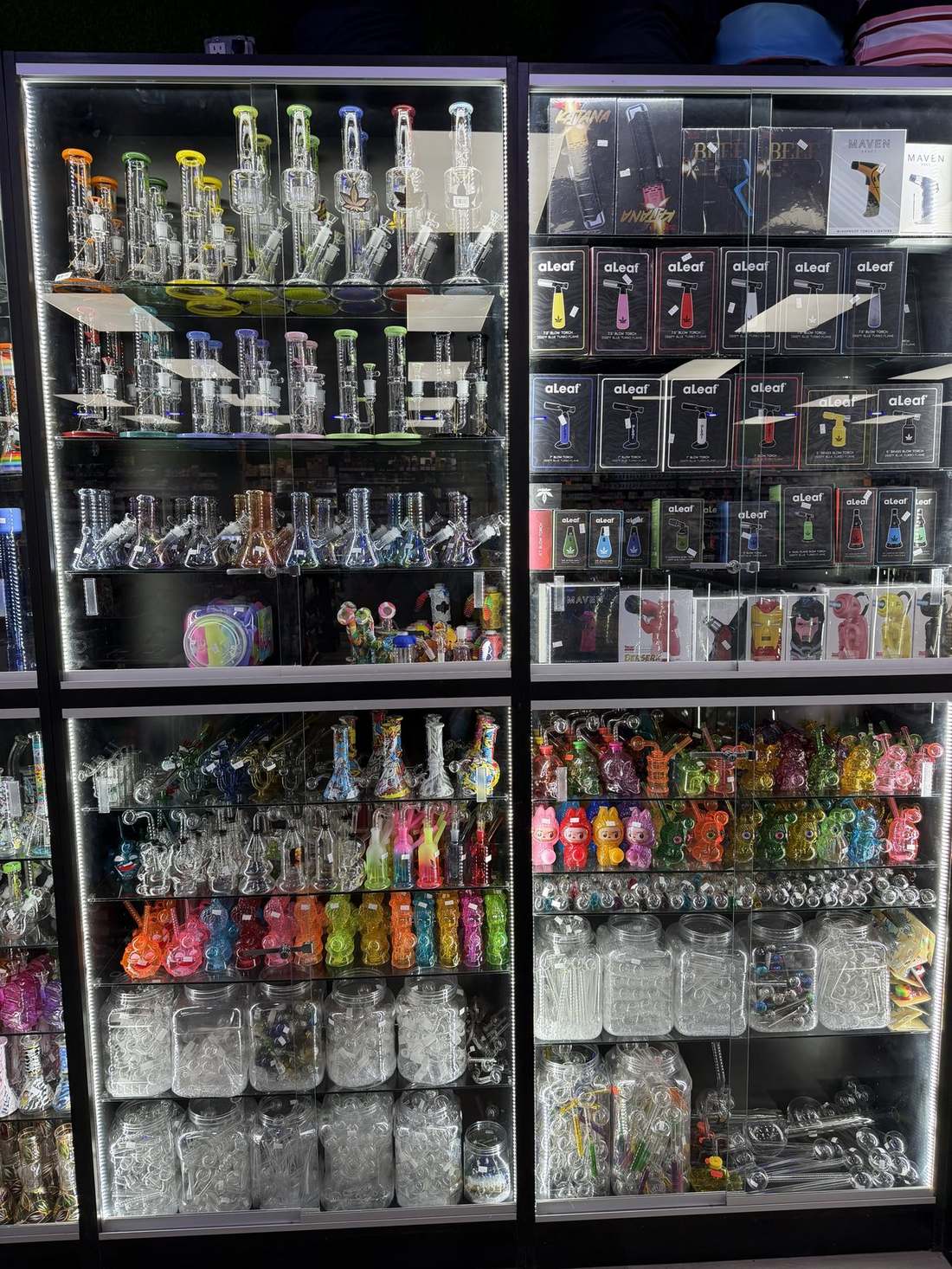 Glass pipes and bongs on display at One and Done Stop Shop, glass and accessories in Canton, OH